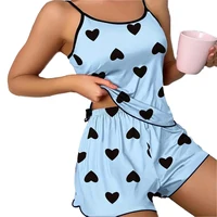 Ensemble pyjama pour femmes, T-Shirts et shorts, T-Shirt rose imprimé en forme de cœur, col rond, haut en soie glacée, confortable et décontracté, été ﻿ 5