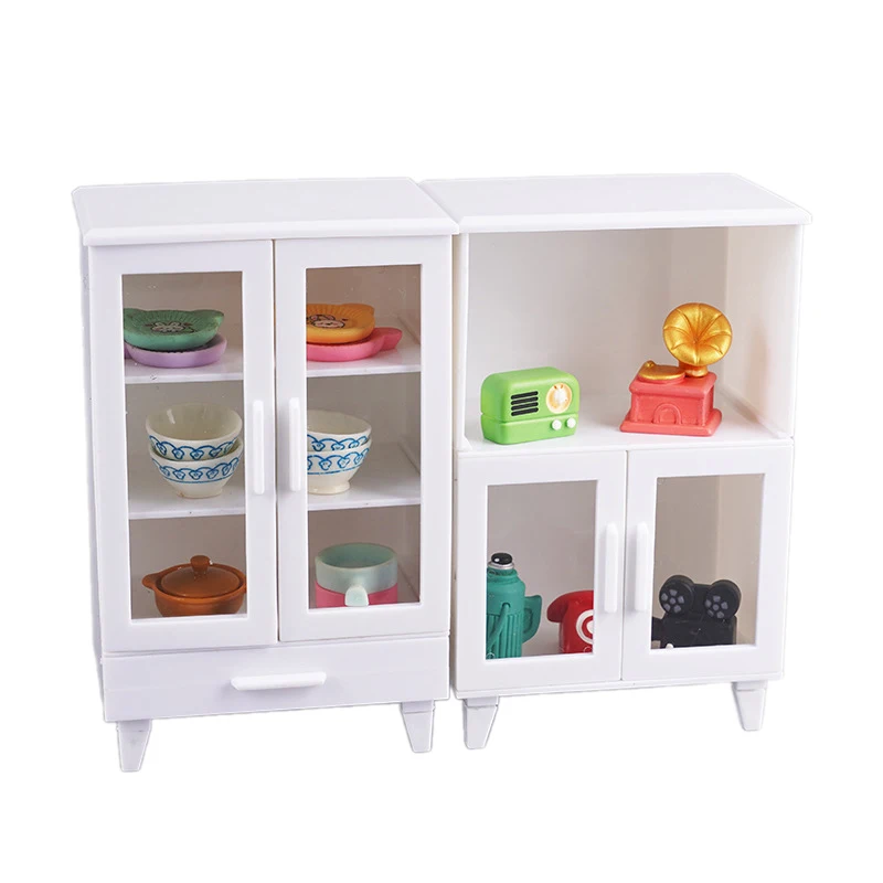 1Set Miniature White Cupboard Display Cabinet Storage Lockers +ornament Furniture Model Decor Toy DollHouse Accessories