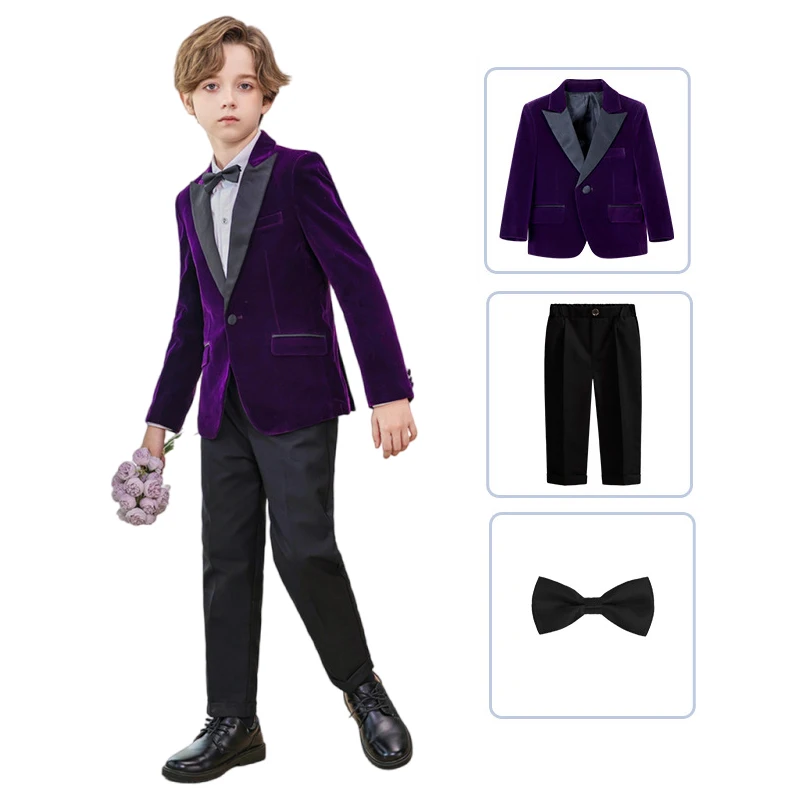 Autumn Children Purple Velvet Suit Set Boy Birthday Party Wedding Host Piano Performance Costume Kids Blazer Pants Bowtie Outfit