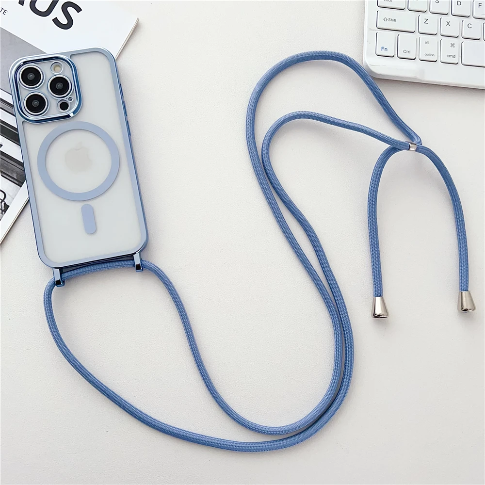 thumbnail image 1 of Luxury Crossboby Necklace Cord Rope Lanyard Plating Magnetic Clear Case For iPhone 14 11 12 13 15 Pro Max For Magsafe Soft Cover, 1 of 5