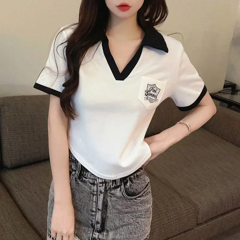 

Polo-neck Short-sleeved T-shirts Women 2024 Summer Irregular Color Collision Patchwork Pockets Office Lady Versatile Tops Female