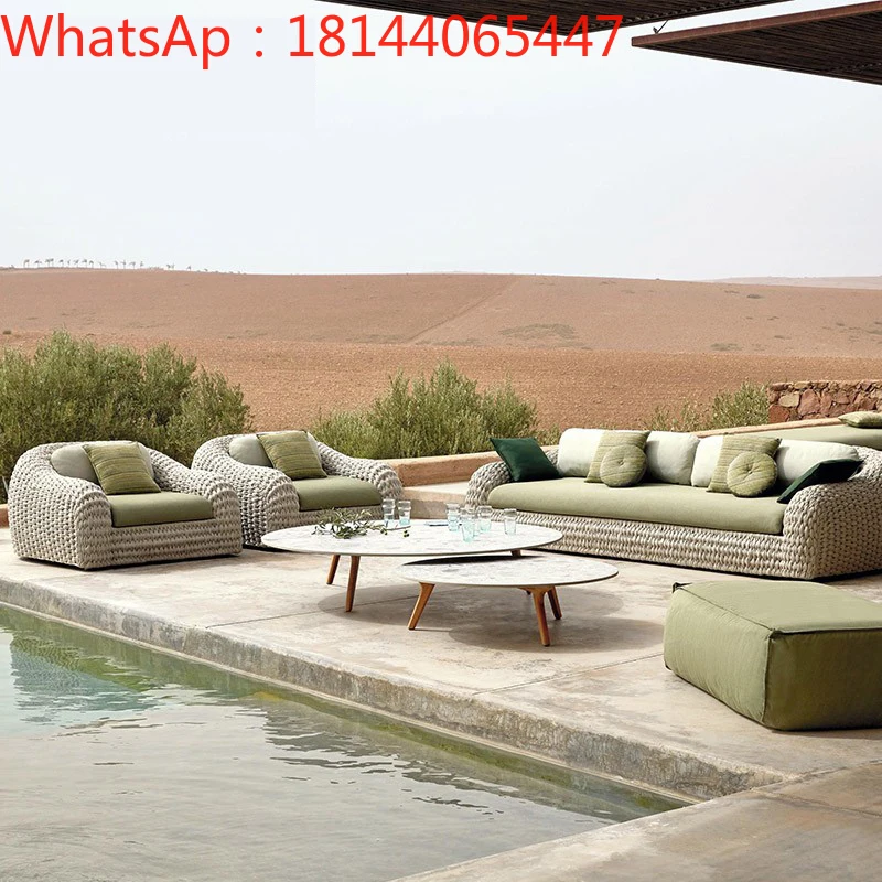 

Outdoor sofa courtyard bed combination three-person hotel model room living room residential villa open-air leisure rope rattan