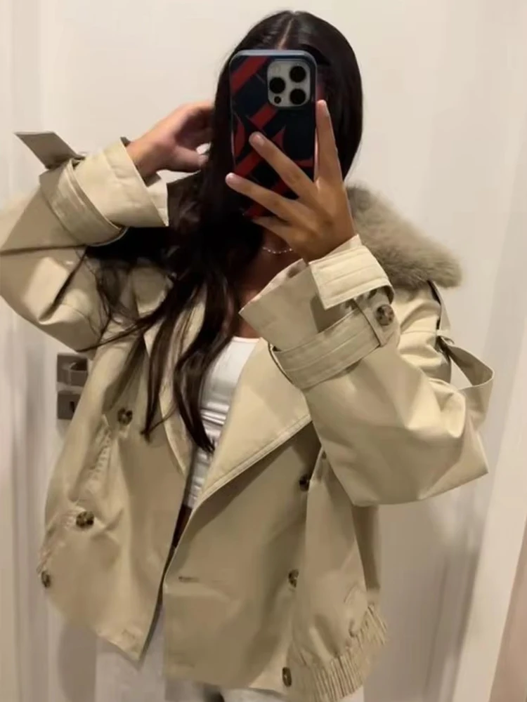 Women Puffy Fur Collar Jacket 2025 Women's Fashion Waterproof Long Sleeve Zipper Short Coat Streetwear Casual New Jacket ﻿