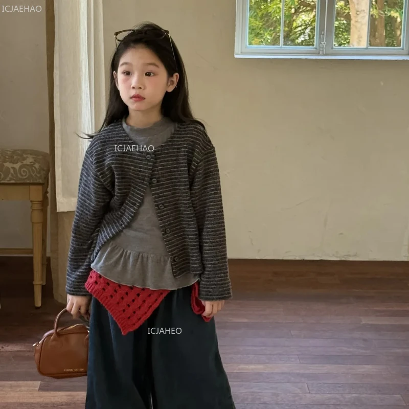 Girls Korean Style Toddler Soft Cotton Blend Casual Kids Outerwear Striped Cardigan Round Neck Open Front Coat Autumn Children - 2
