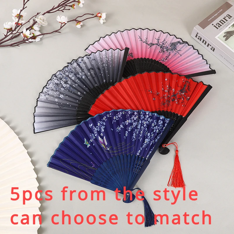 

5pcs Japanese Folding Chinese Ancient Style Medium Long Handle Raw Silk Fan Craft Gift Ladies Dance Fan