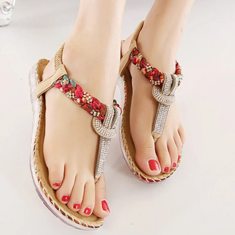 YAERNI Flat shoes Women summer national wind sandals Bohemian diamond big size shoes beach Flip-Flops BT538 women shoes,women sandals