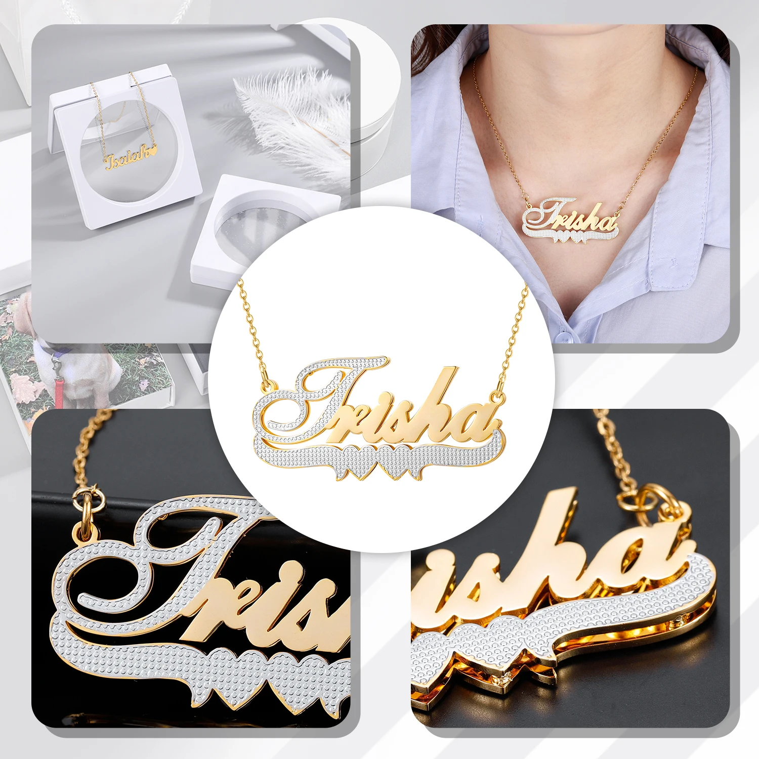 Customized Stainless Steel Gold Plated Two Tone Personalized Name Necklace With Heart Double 3D Name Necklace For Women Jewelry