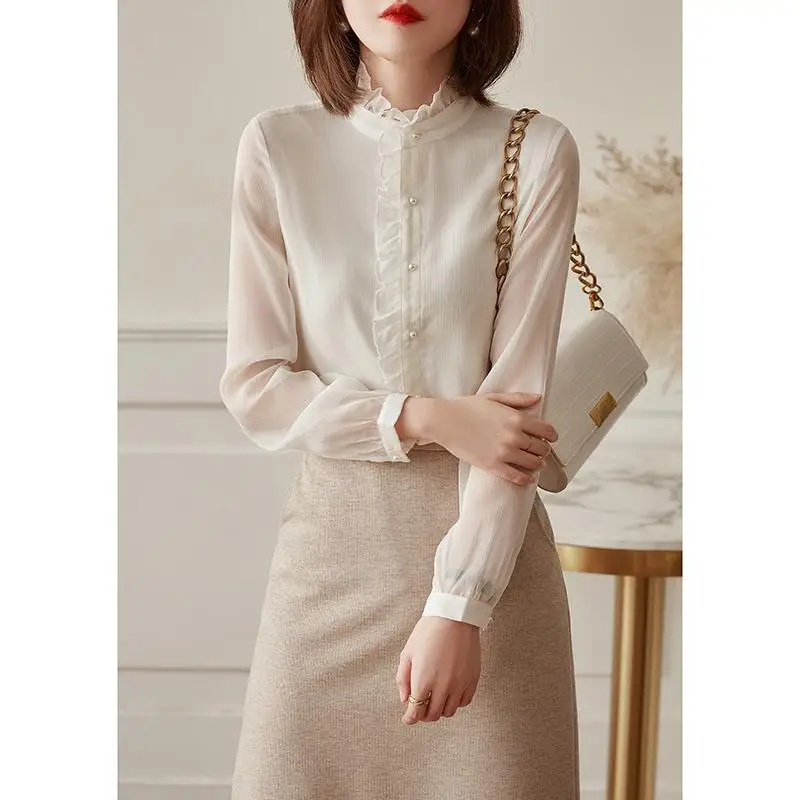 

French shirt blouse female autumn 2023 new lace collar long-sleeved splicing lotus leaf design lantern sleeve shirt blouse