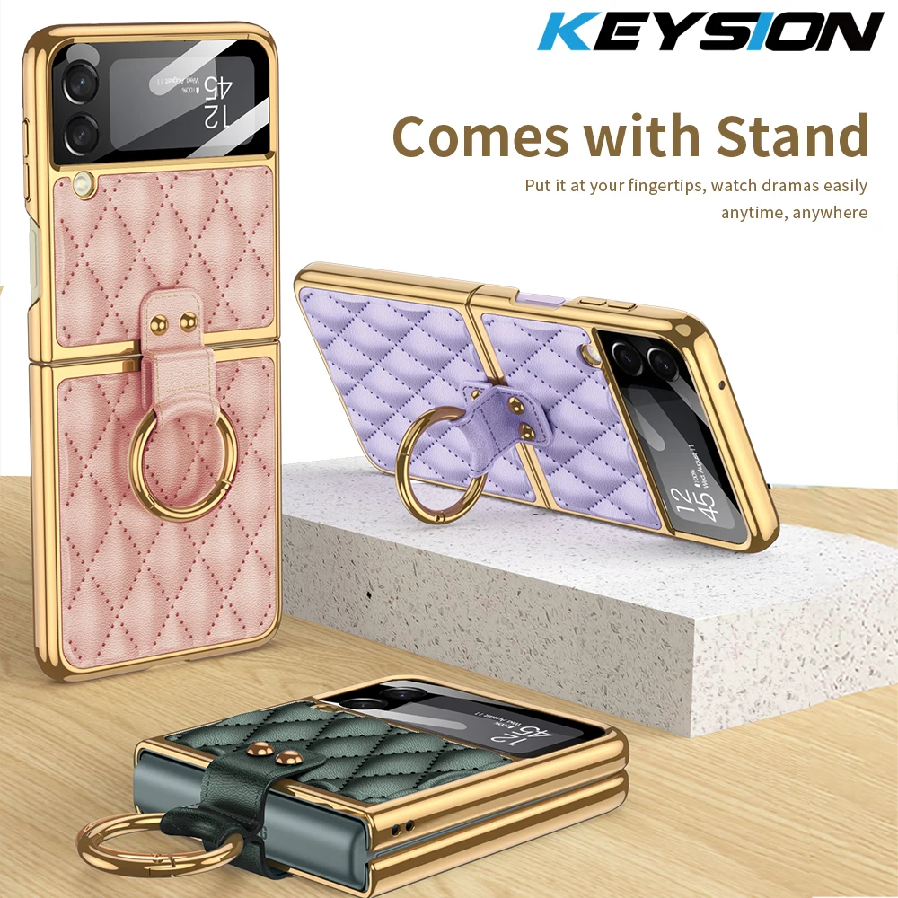 

Роскошный телефонный чехол KEYSION из искусственной кожи Lingge для Samsung Galaxy Z, флип-чехол с кольцом для телефона из поликарбоната, чехол-накладка для Galaxy Z Flip 3