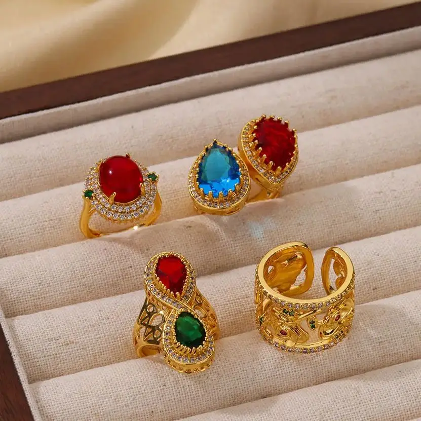 Ring Water Drop Cubic Zircon Open Adjustable Gold Color Wedding