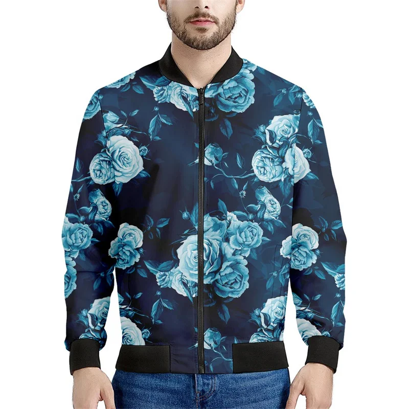 thumbnail image 1 of Chaqueta con cremallera y estampado de flores de rosas para hombre, con plantas 3D, mangas largas, para primavera y otoño, chaquetas de gran tamaño, abrigos, ropa de calle, 1 of 5