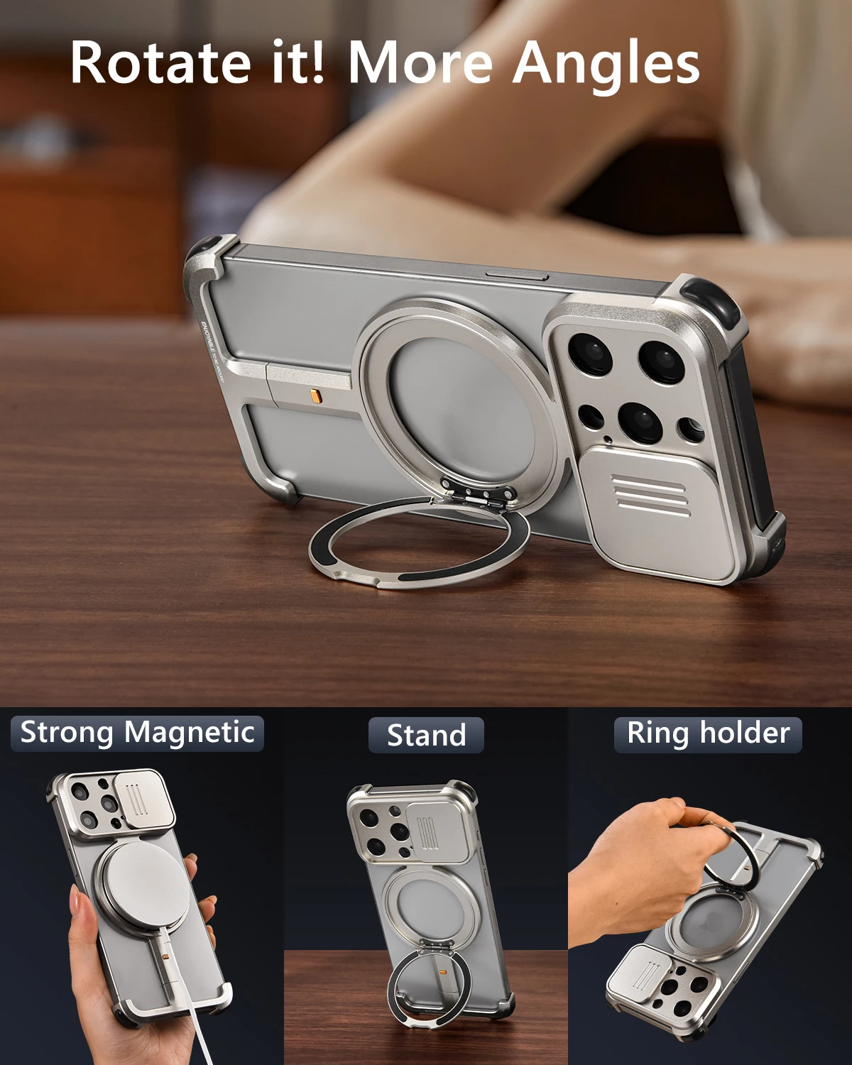 Eary Frameless for iPhone 16 15 Pro Max Phone Case with Magsafe Wireless Charging 360° Rotation Magnetic Stand Shockproof Cover