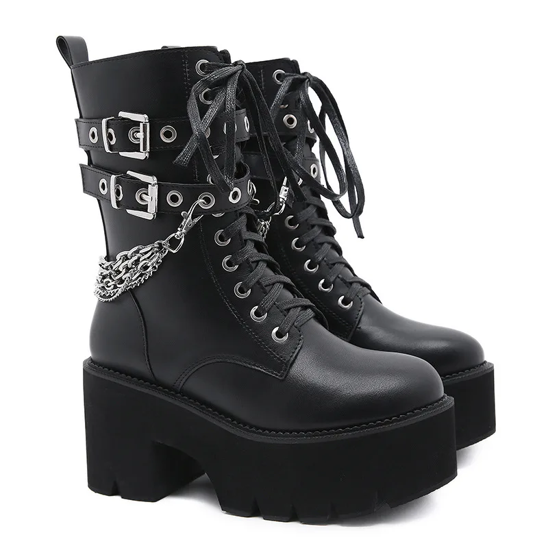 Women Boots Style Square Heel Zipper Thick Sole Shoes Rivet Belt Buckle Chain Martin Boots Fashion Platform Boots Sizes 35-43