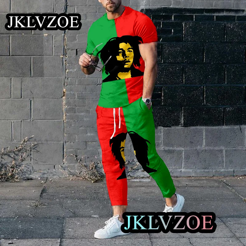 Men's Summer Bob Marley Tracksuit Sets One Love T-Shirt Pants Set Male Fashion Suit Casual Vintage Outfit Reggae Music Clothing