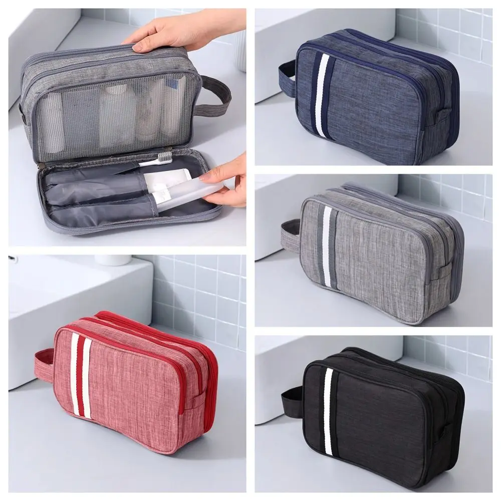 

Double Layer Nylon Cosmetic Makeup Bag Wet Dry Separation Large Capacity Travel Wash Organizer Portable Stripe