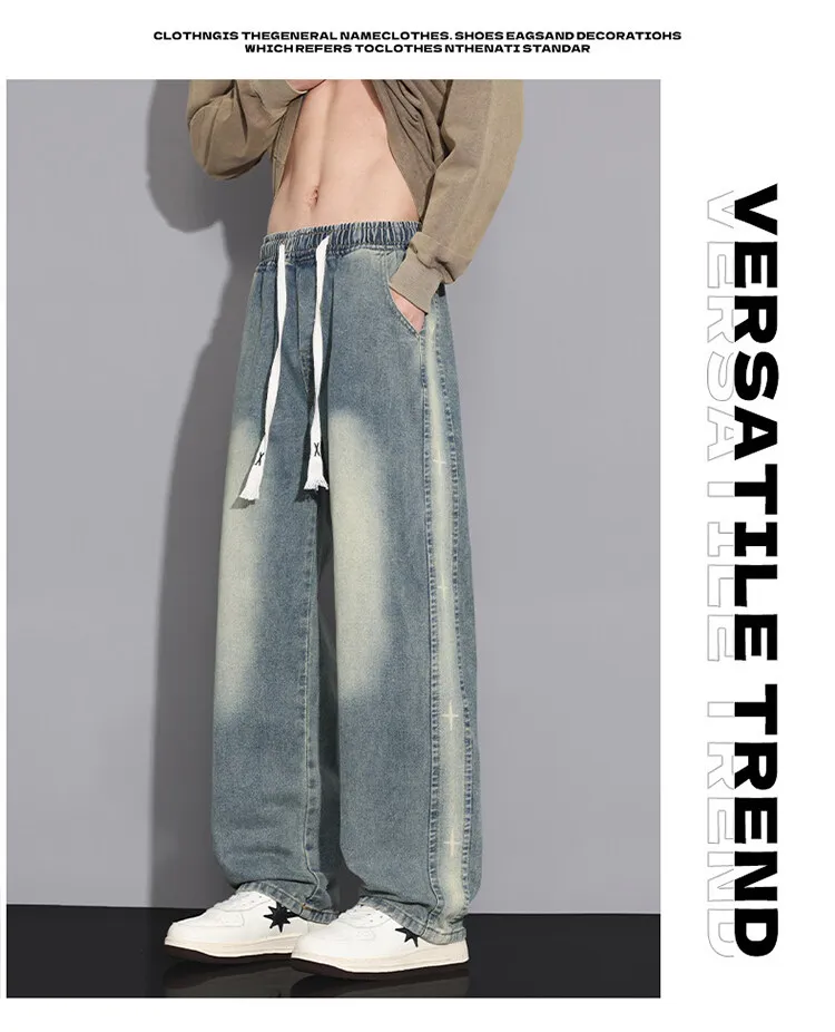 Hochwertige Streetwear Herren Baumwoll-Jeans Lässige Elastische Taille Gerade Retro-Denim-Hose Jugendliche Kordelzug Lange Hose – Detail 15