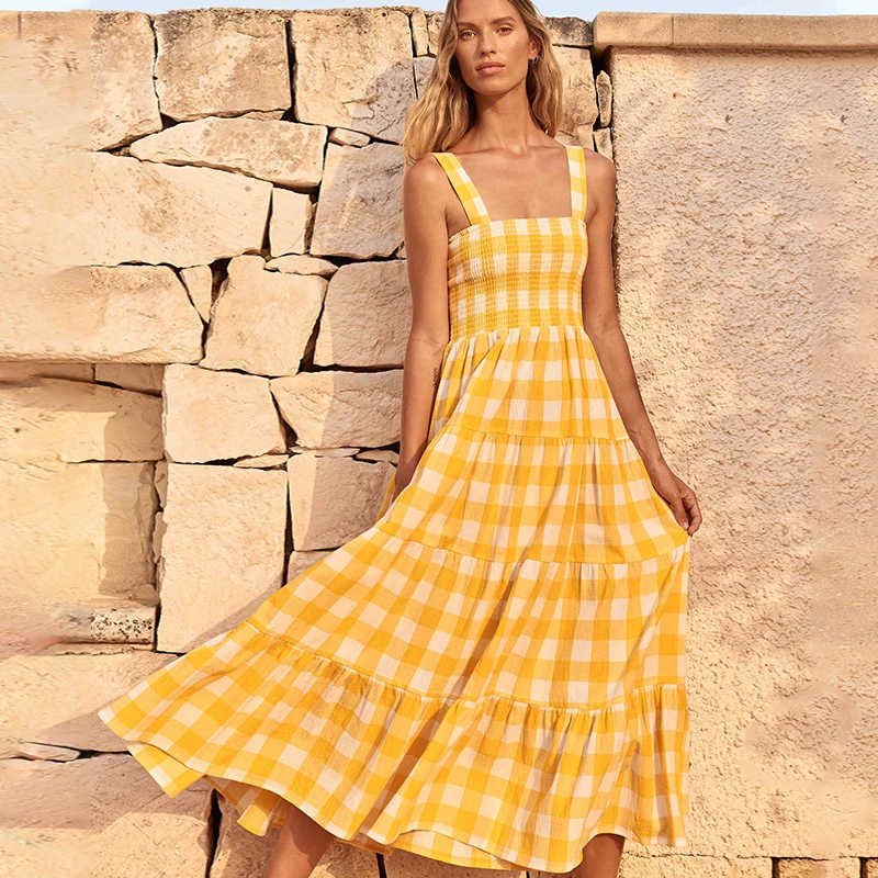 

S-2XL 3Colors Ruffles Plaid Loose Long Dress Vintage Boho Casual Sleeveless Women Summer Party Beach Daily Travel Shopping Skirt
