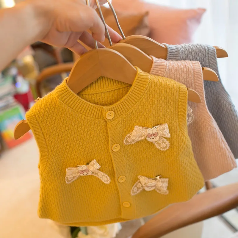 Autumn Baby Girls Knit Vest Sweet Lace Bow Waistcoat