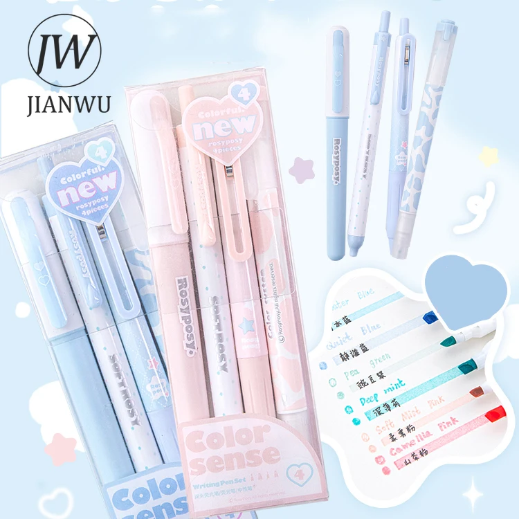 JIANWU 4 pz/set Multicolor Quick Dry Press Gel Pen and Highlighter Set scrivi senza intoppi forniture per studenti fai da te Creative cancelleria