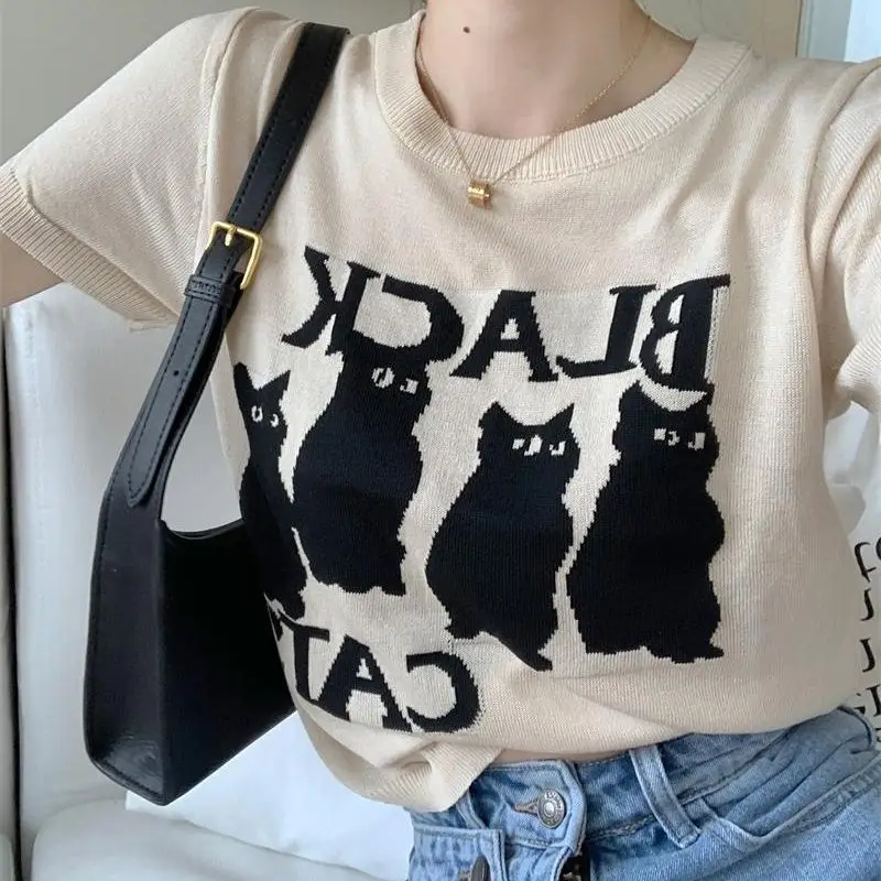 

Cute Cat Knitted Short-Sleeved T-Shirt Women'S Summer Skinny Street Top Korean Style Fashion Casual Tees Crop Top T-Shirt Y2K