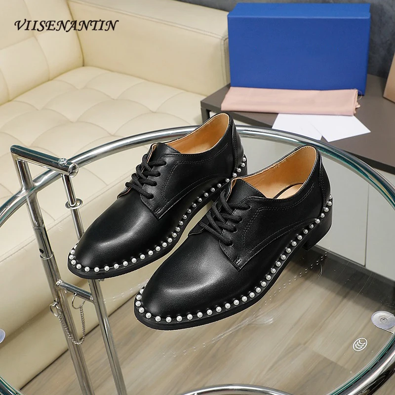 

Top Quality Genuine Leather Brand Spring Autumn Loafers Pearls Decor Undersole Lace Up Ladies Oxfords Shoes Casual Shoes Females