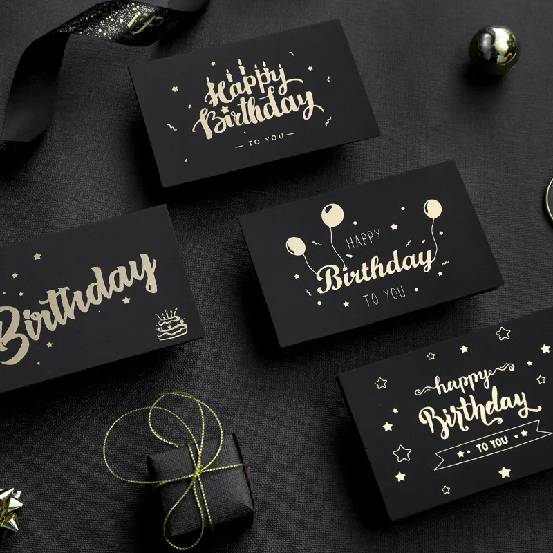 

6set Black Birthday Greeting Card Bronzing Invitations Postcard Wishes Blessing Message Cards Small Card Blank with Envelope