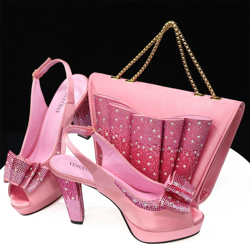 

Fashionable Top Italian Design 2024 Elegant Bowknot Rhinestone Clutch Bag Summer Party Women's Platform Chunky High Heel Sandals