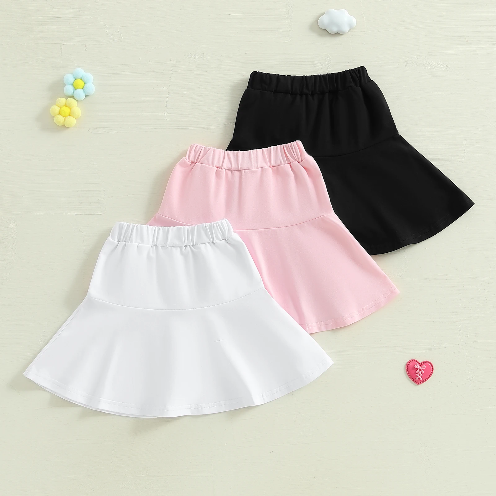 FOCUSN2-7Y Fashion Little Kids Girls Skirts 3 Colors Solid Elastic Waist Mini A Line Ruffles Trumpt Skirts
