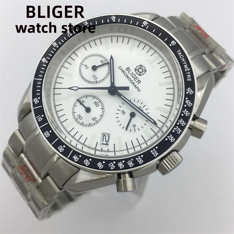 BLIGER40mm quartz multifunctional time meter commercial sapphire glass men's watch white dial steel strap VK63 movement