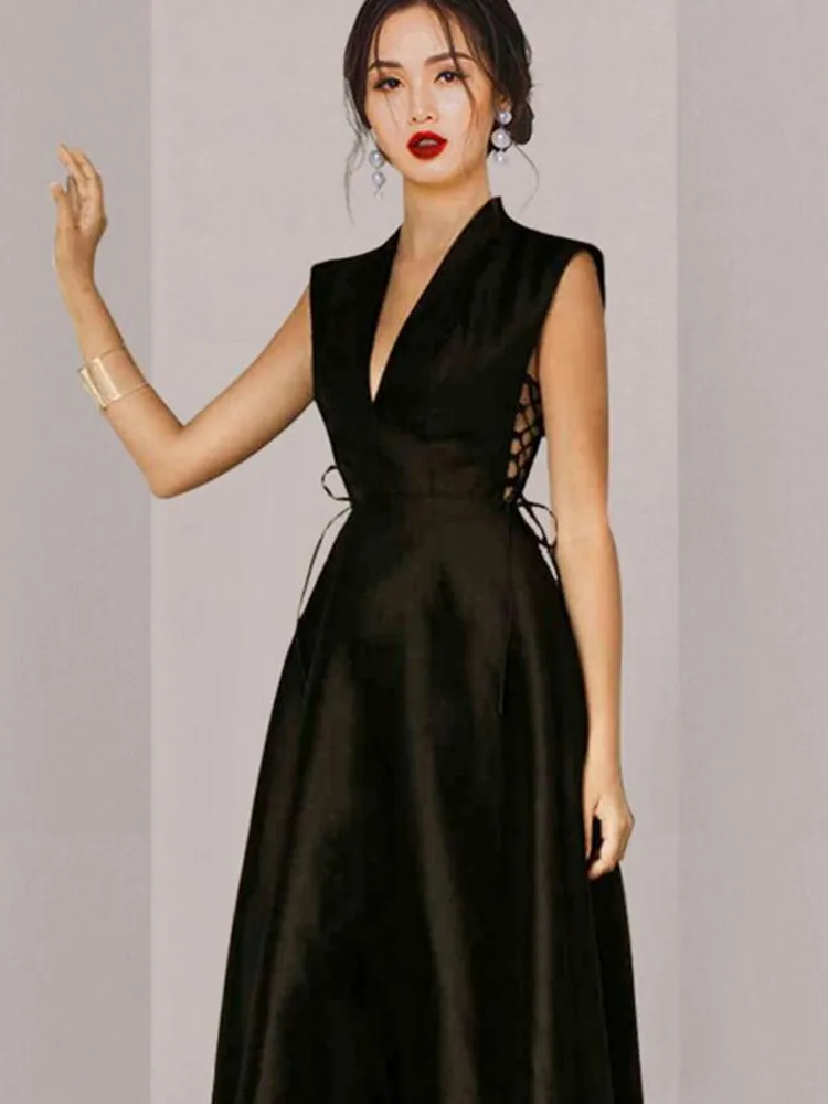 

ZAWFL Elegant Dress Pleated Plunge Deep V-Neck Sleeveless Lace-up Dresses Evening Club Party Women Dress Clothes