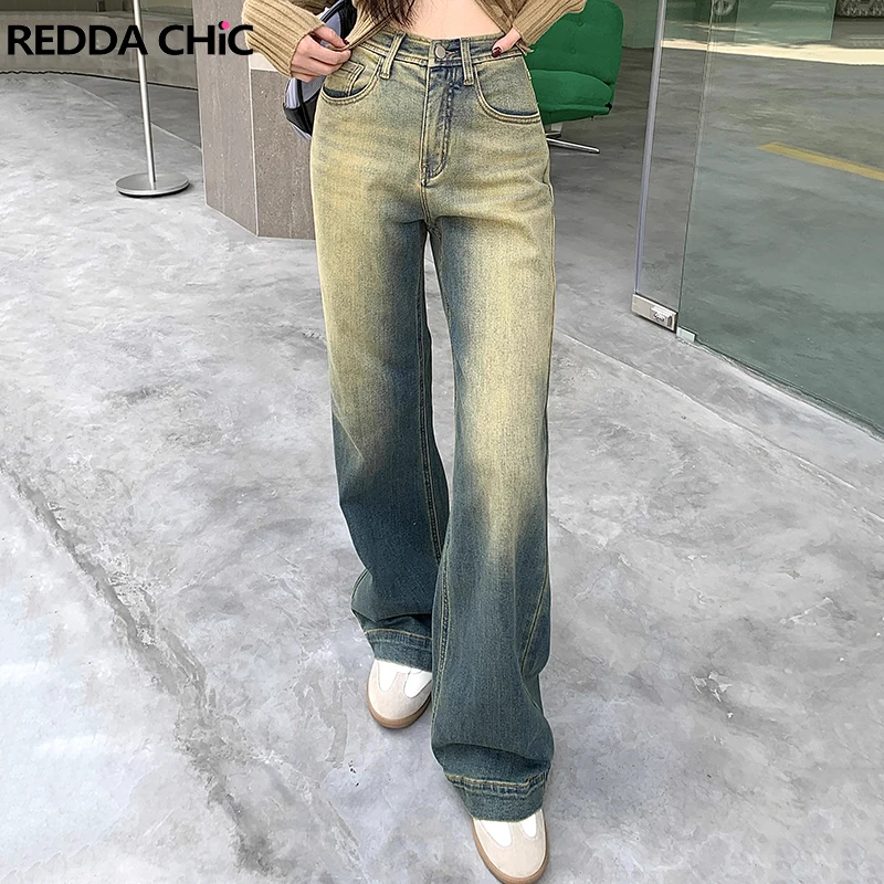 

ReddaChic Vintage Y2k Gradient Flare Jeans Women Green Wash High Rise Casual Wide Leg Bootcut Pants Korean Harajuku Streetwear