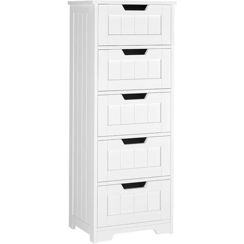 

Bathroom Floor Cabinet with 5 Drawer Dresser, with Avoid-Tipping Device, White, Freestanding Side Tall Storage Cabinet Narrow