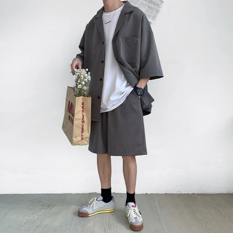 Men's Summer Loose Fitting Casual Suit Fahion Handsome Solid Color Half Sleeve Shirts Shorts Two Pieces Set
