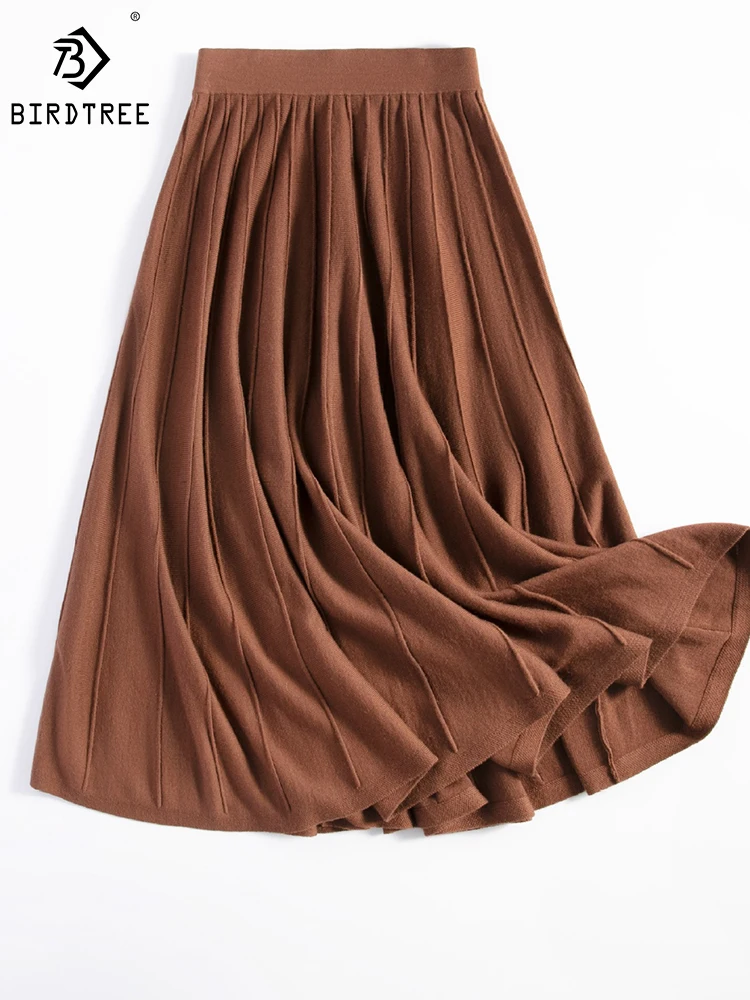 

Birdtree 46.7%Sheep Wool Skirt Women Design Sense Niche High-waist Big Swing Dess Autumn Pleated Pleated Skirt Commute B38626QD