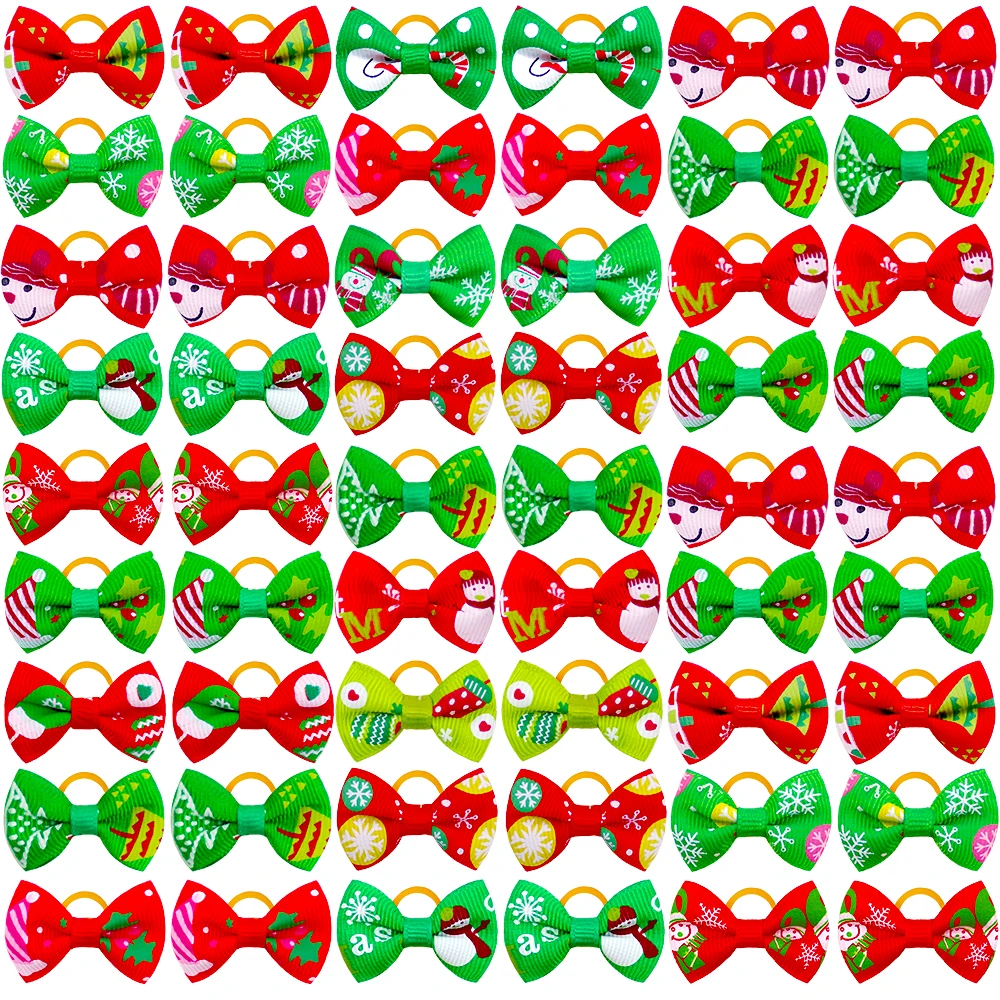 

20pcs Small Dog Hair Bows Cat Hair Bowknot Dog Grooming Christmas Rubber Bands Hand-Made Pet Bows For Puppy Pet Accessories