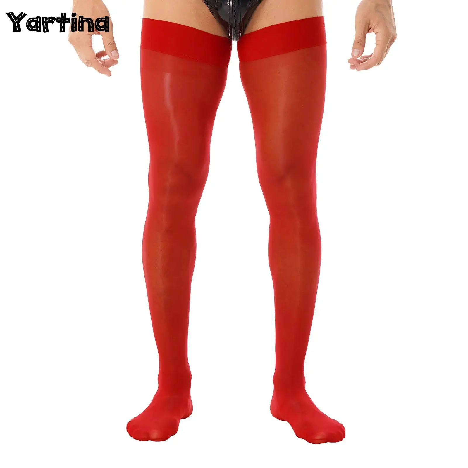 Mens Lingerie Glossy See-through Stockings Thin Shiny Solid Color Stretchy Sheer Thigh High Socks Sissy Stockings