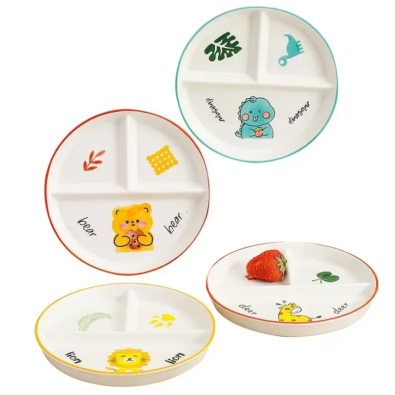 Divider Plate Ceramic Dish Serving Platter Children's Tableware Cartoon Ceramic Grid Plate One Person Breakfast Bowl