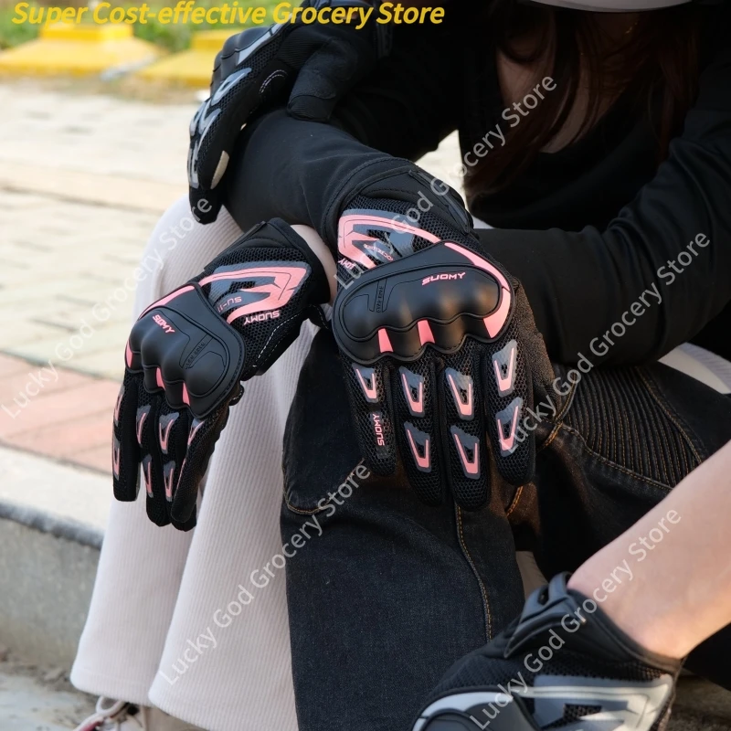 수오미 여름 통기성 오토바이 장갑 터치스크린 오토바이 라이더 라이딩 장비 남녀공용 핑크