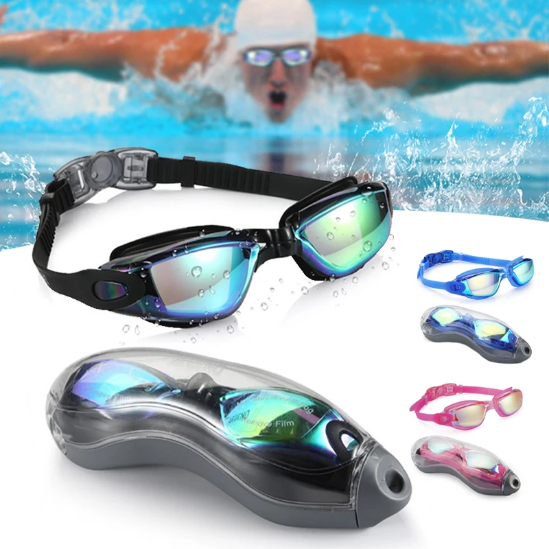 

Professional Adult Swimming Goggles Anti-fog Electroplate Lens Men Women Waterproof Adjustable Silicone with Earplugs Nose Clip