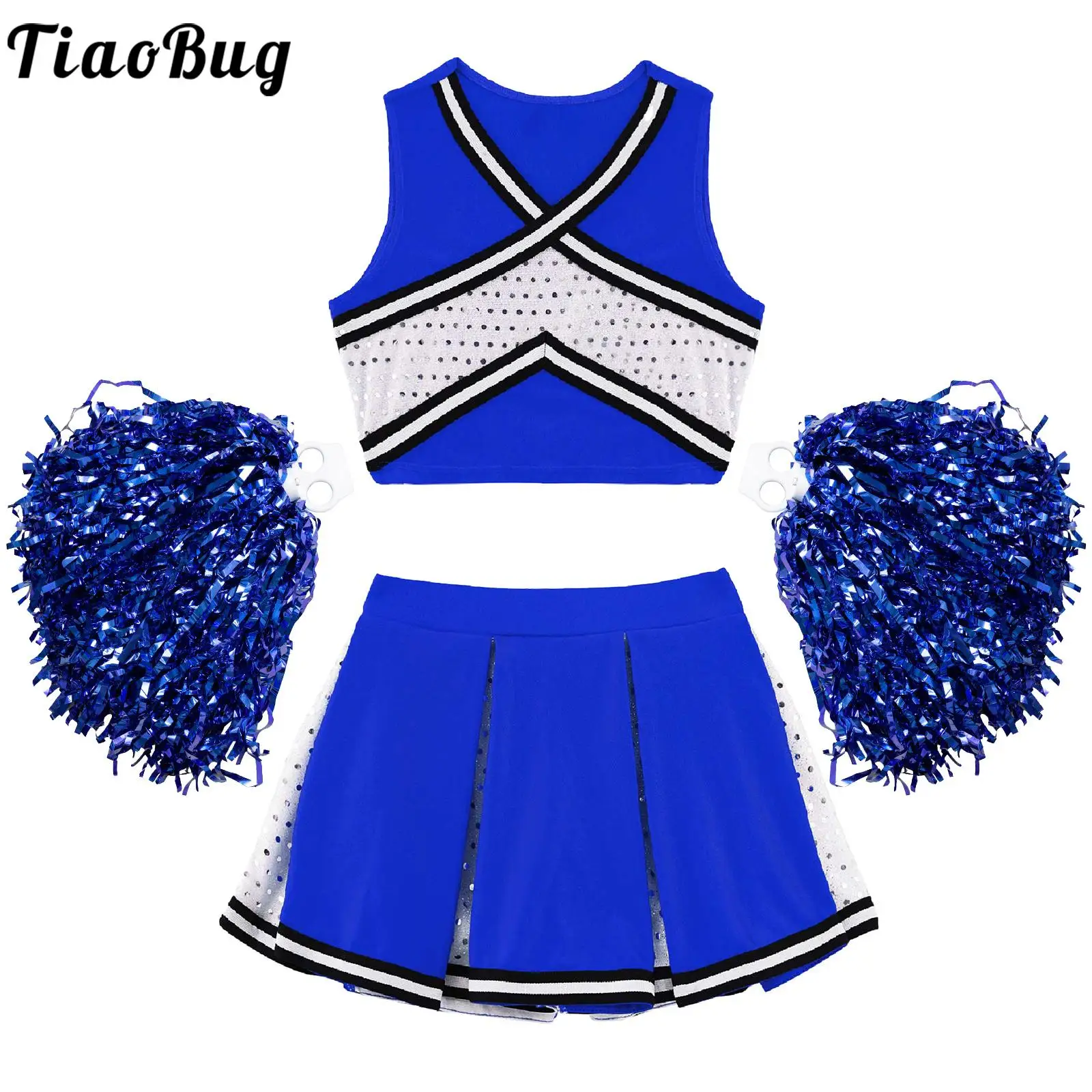 

Kids Girls Cheerleading Dance Set Sleeveless Striped Front V Neckline Top with Pleated Skirt and 2Pcs Flower Balls Outfit