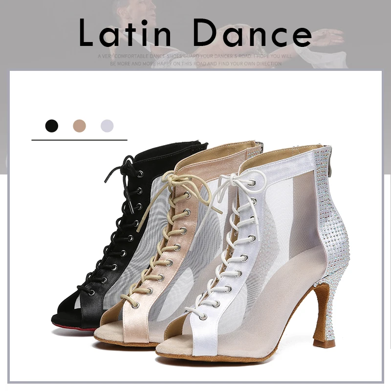 DKZSYIM Women Latin Dance Shoes Rhinestone Ballroom Party Lace-Up Tango/Salsa Dancing Shoes High Heels 6-10CM Soft Suede Sole 5