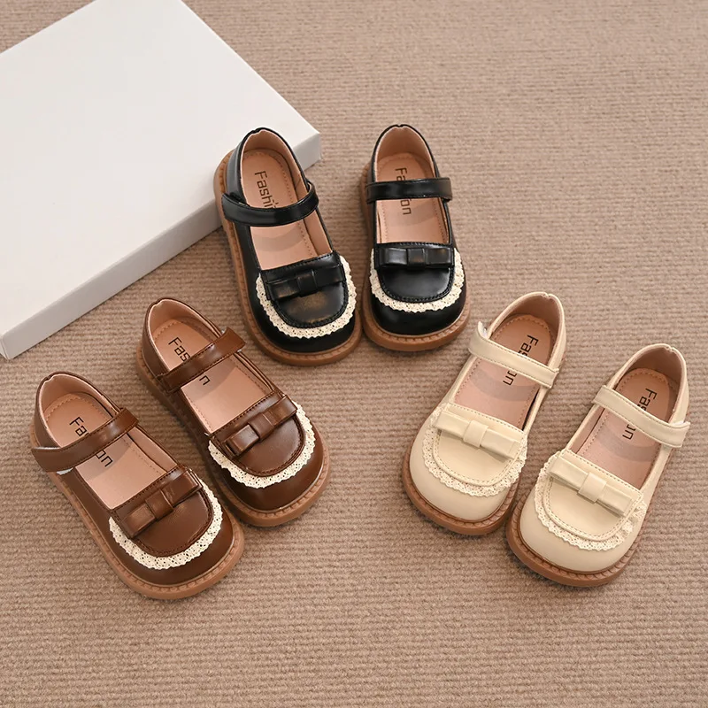 Children PU Leather Shoes Spring Girl Soft Anti-slip Princess Mary Janes Lace Bordered Fashion Baby Flats