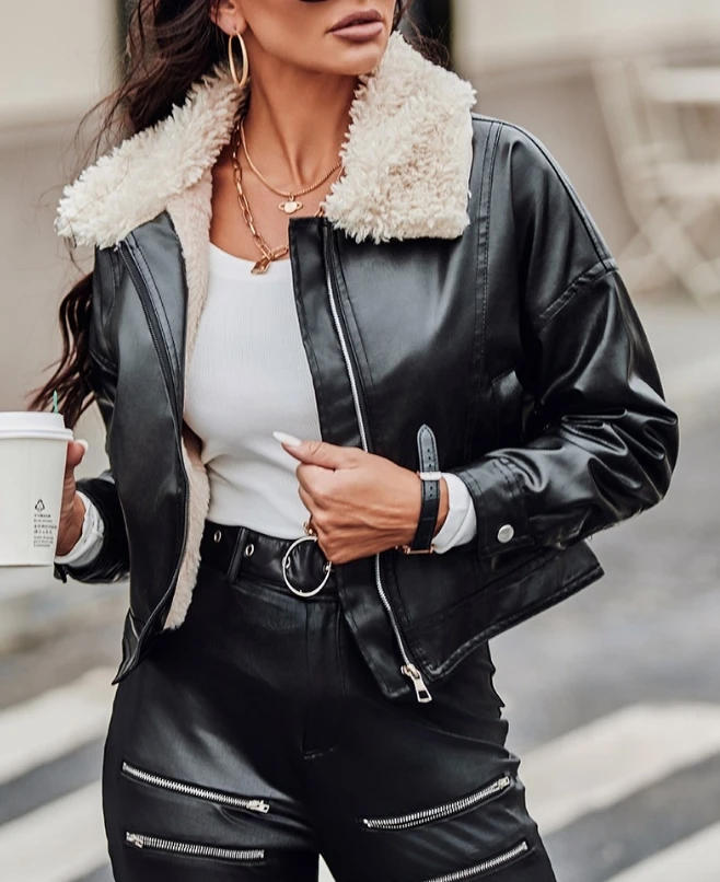 Women's Autumn and Winter Short Leather Jacket 2023 New Fashion Street Pocket Design Lined Pu Leather Jacket Motorcycle Jacket genuine sheepskin leather gloves for women winter warm touchscreen cashmere lined dress outdoors gloves