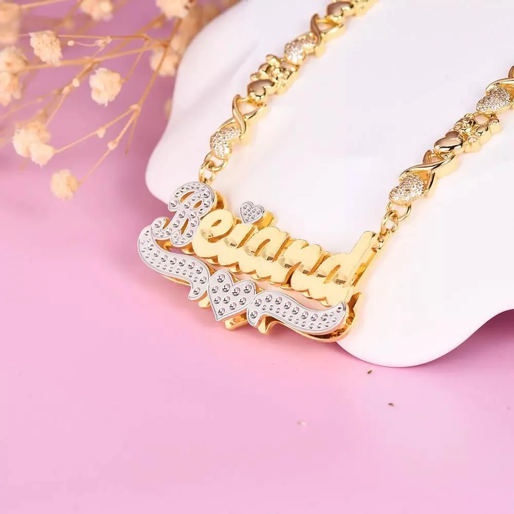 VishowCo Custom Gold Plated Name Necklace Two Tone with Heart Necklace Teddy Heart XOXO Chain Double Layer Necklace