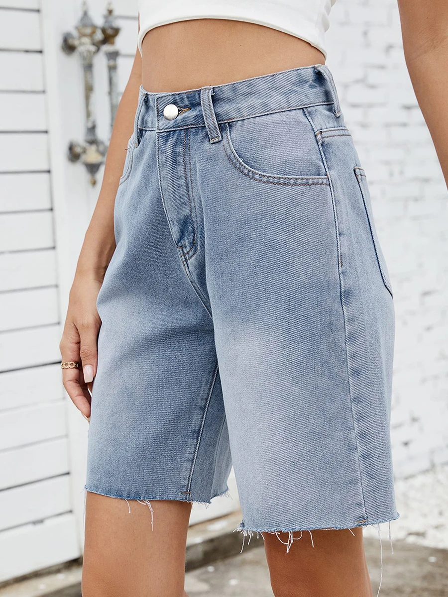 Ladies Distressed Denim Shorts Stylish High Rise Jean Shorts with Frayed Hem and Pockets for Summer Streetwear