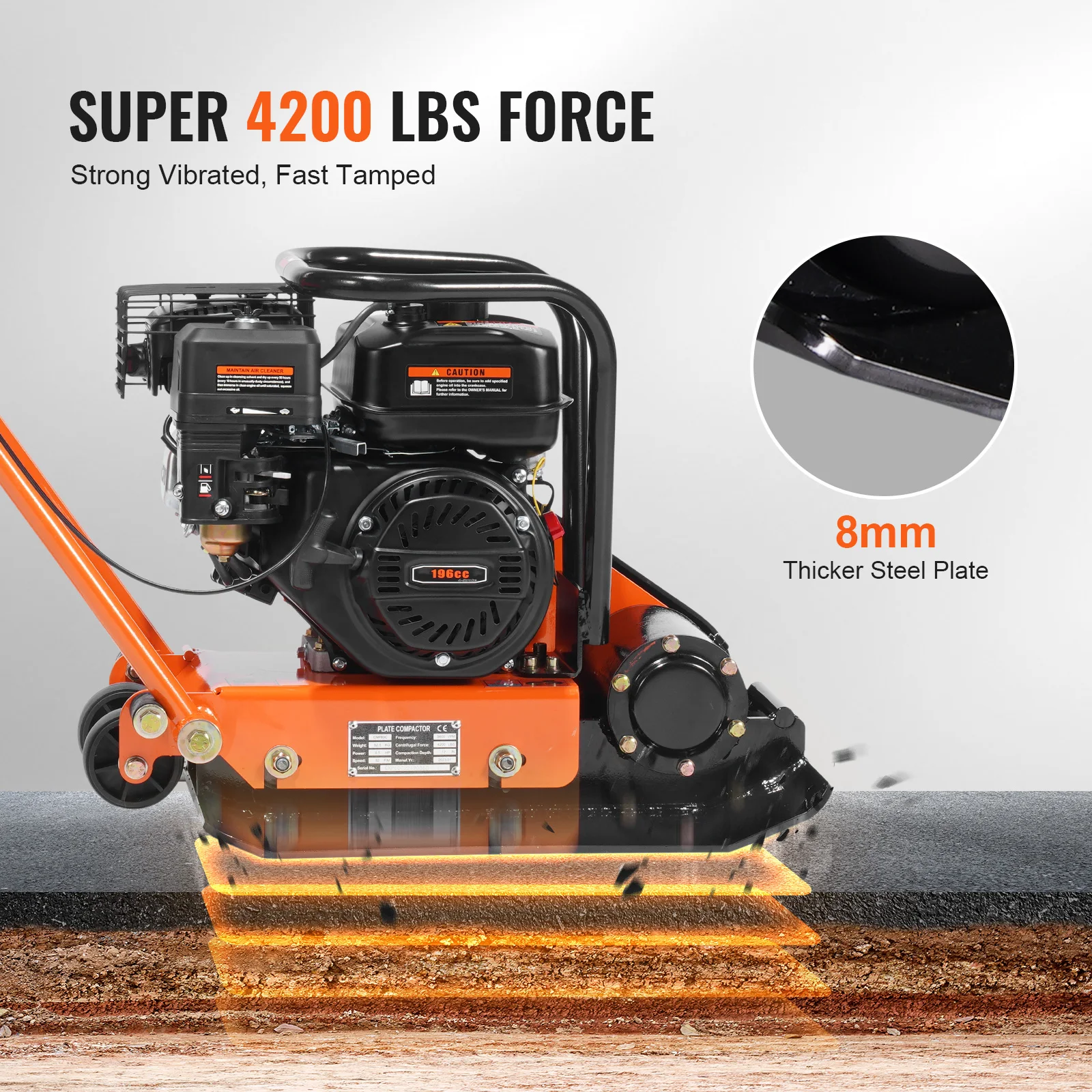 Gasoline Plate Compactor 2.8/6.5 HP Force Vibratory Compaction Tamper for Walkways, Patios, Asphalts, Paver Landscaping