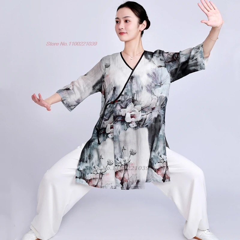 2024 Cinese Tai Chi Uniforme Fiore Stampa Cotone Lino Wushu Taiji Mattina Esercizio Squadra Tai Chi Kung Fu Prestazioni Marziali Set