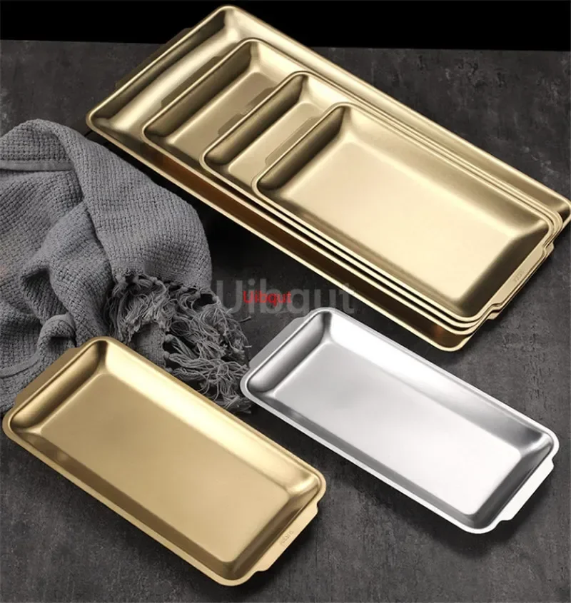 304 gold golden Stainless Steel Food Storage Trays BBQ Sushi Flat Dish Bread Pastry Baking Pan Kitchen Fruit Vegetable Plate 2