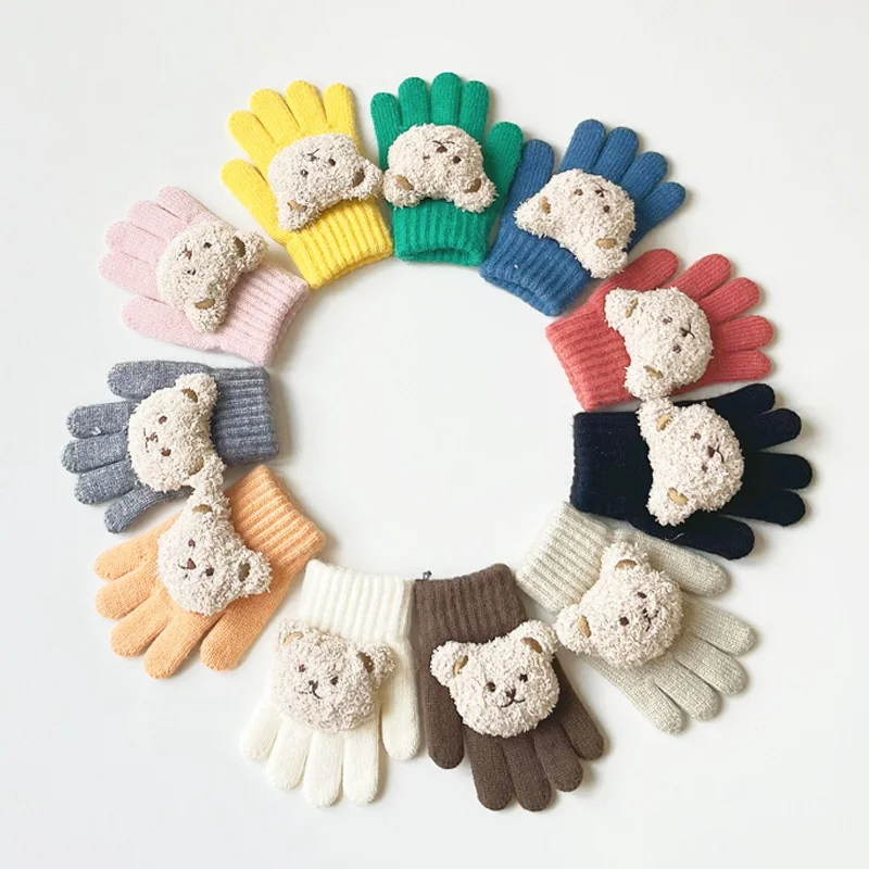 

Bear Kids Gloves for Girls Boys Korean Fall Winter Baby Gloves Wool Warm Five Fingers Outdoor Snow Children Gloves 2-7Y