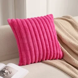 Luxurious Faux Rabbit Fur Plush Cushion Cover - Soft and Fluffy Striped Decorative Pillow - 45x45cm (Rose Red)